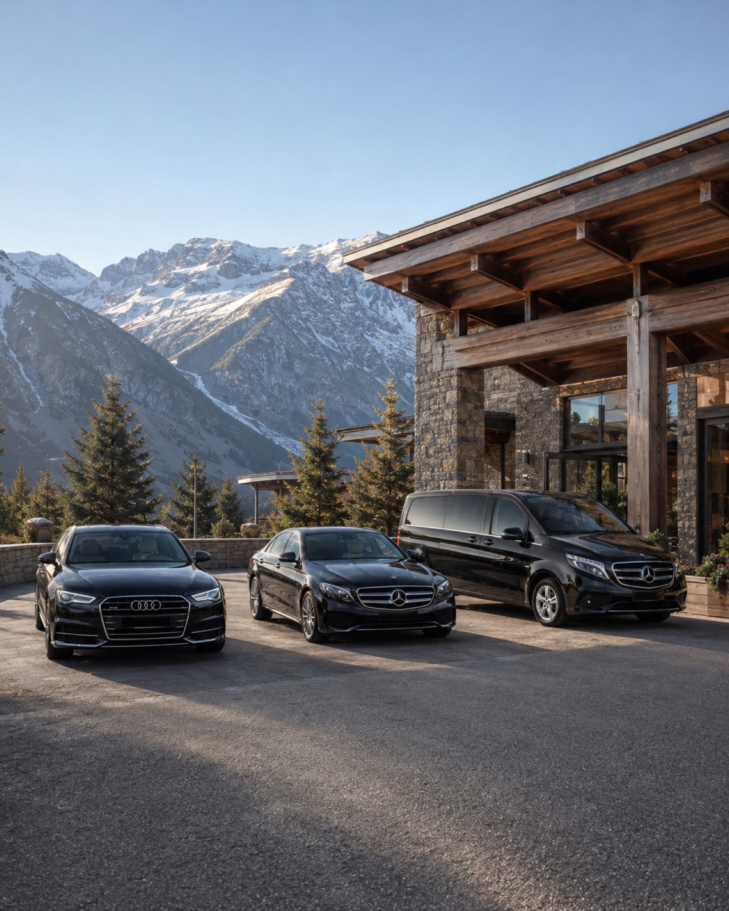 Le tre vetture della flotta Samba Transfers davanti a uno chalet di montagna