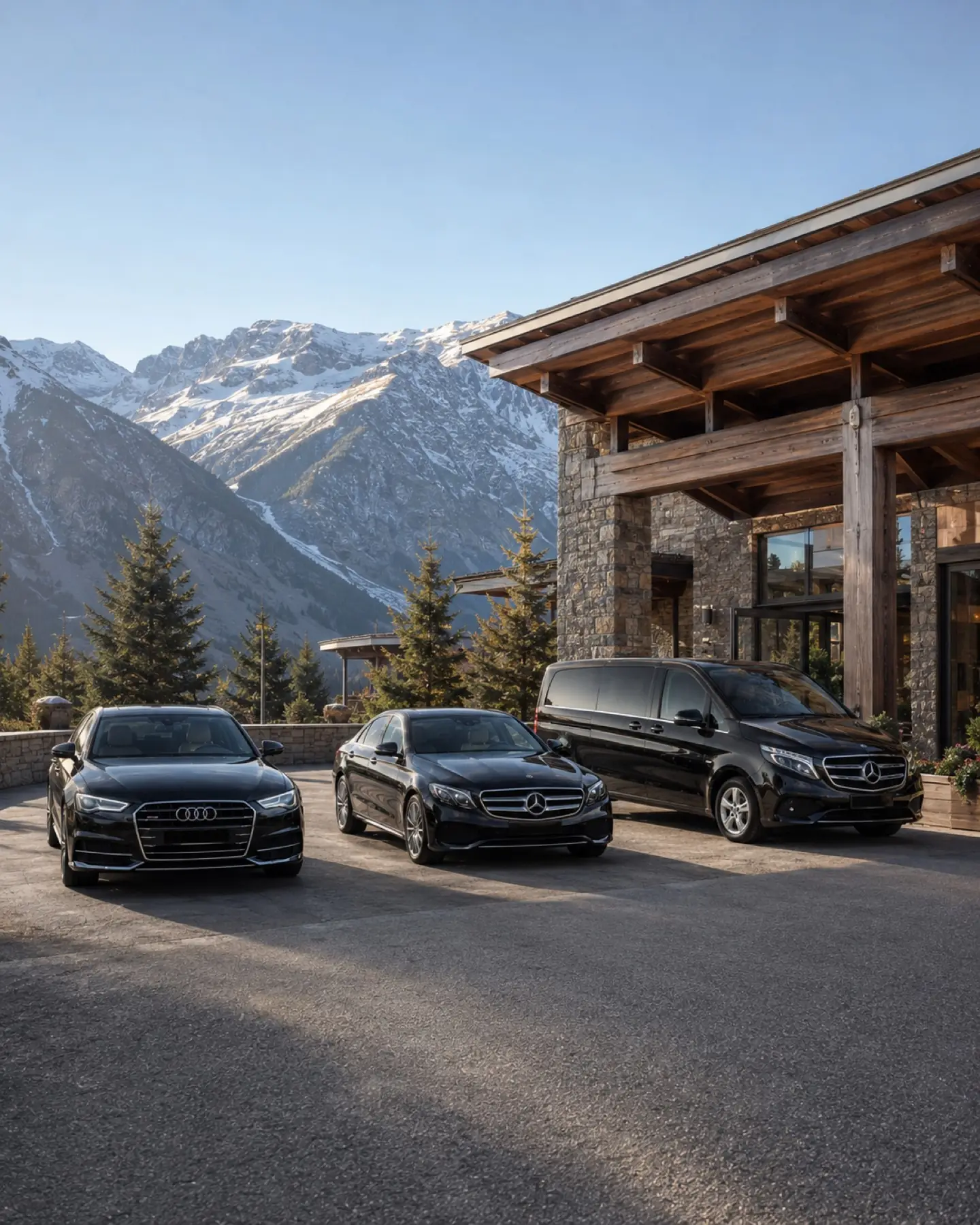 Le tre vetture della flotta Samba Transfers davanti a uno chalet di montagna