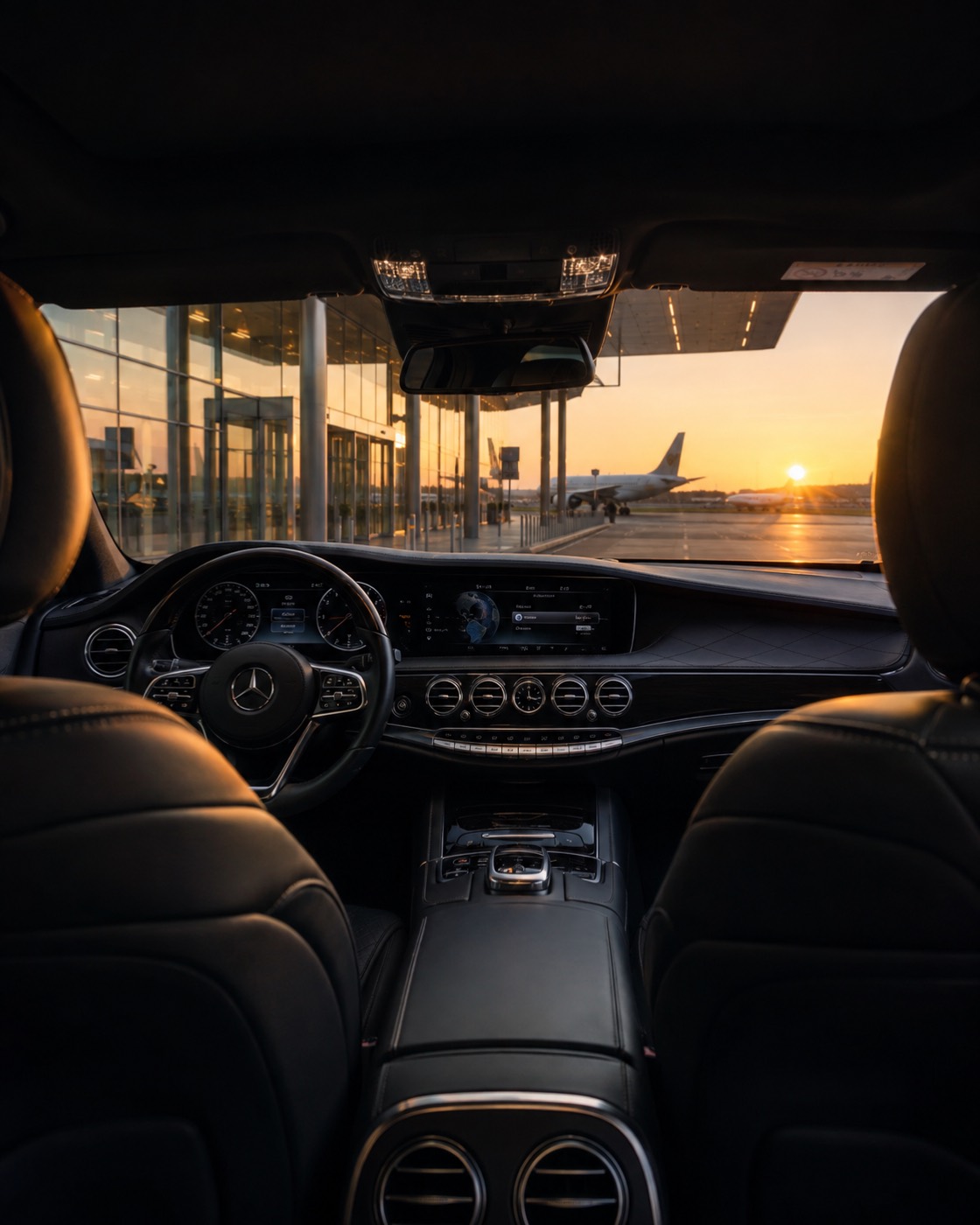 Interno della Mercedes Classe S con vista sull'aereo in pista al tramonto
