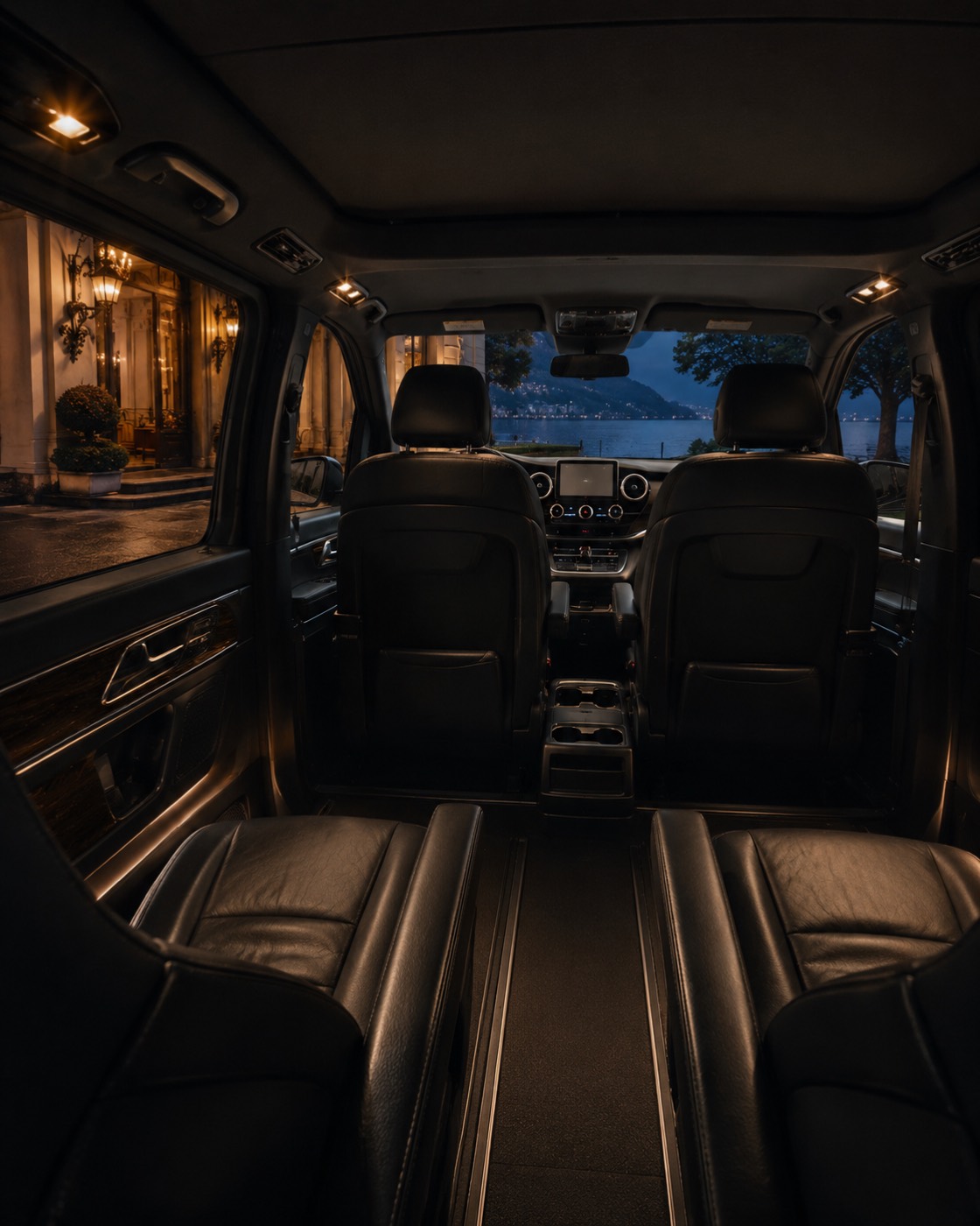 Interno del van Mercedes Classe V con sedili in pelle, la sera davanti a un hotel sul lago