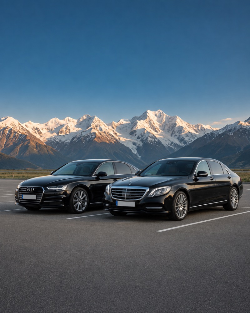 Mercedes Classe S e Audi con la catena alpina innevata sullo sfondo